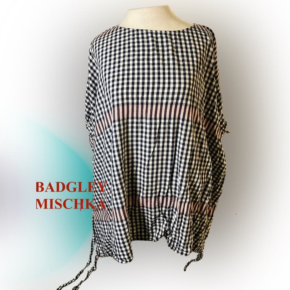 Badgley Mischka Navy Gingham Oversized Poncho Top Red Stripe Trim M/L EUC